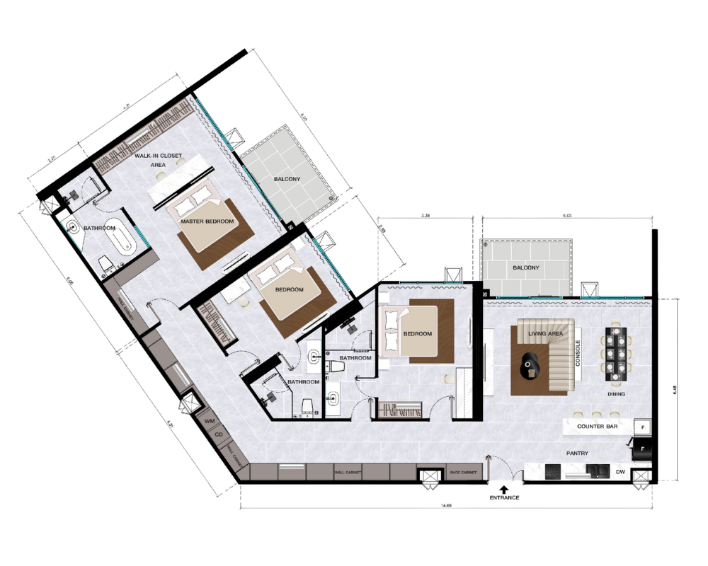 Floor plan of a 166.7 sq.m three-bedroom premier residence at Copacabana Coral Reef
