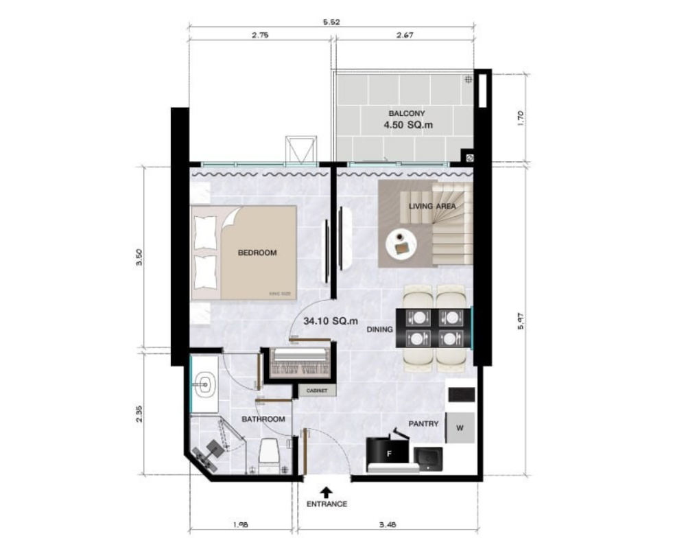 Floor plan of a 38.6 sq.m one-bedroom residence at Copacabana Coral Reef