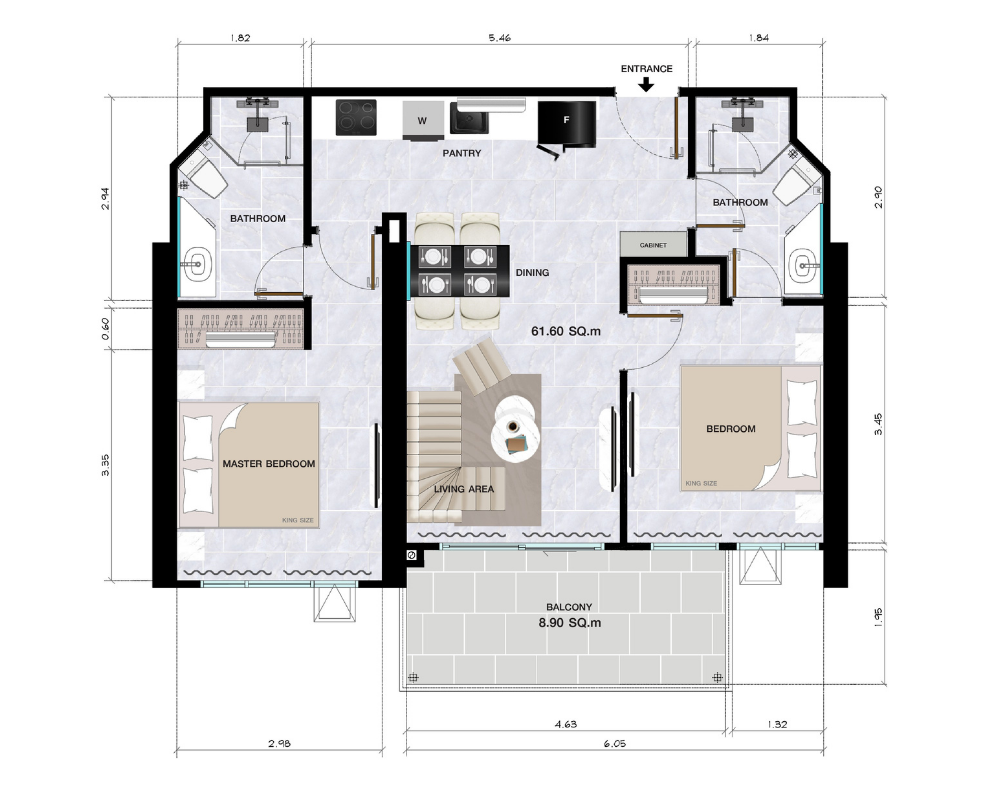 Floor plan of a 67.6 sq.m two-bedroom residence at Copacabana Coral Reef