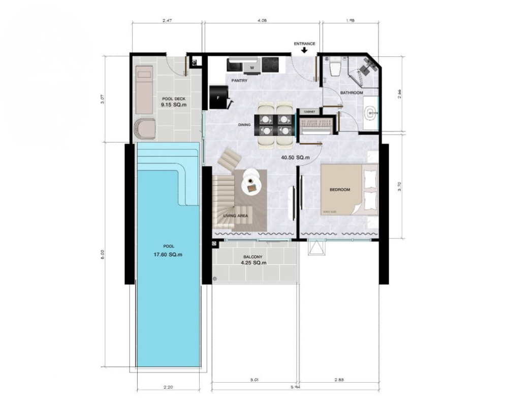 Floor plan of a 71.5 sq.m one-bedroom private pool suite at Copacabana Coral Reef