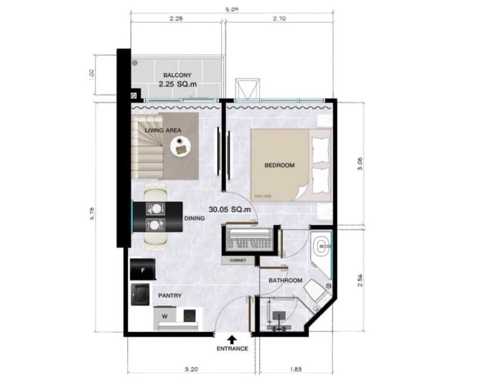 Floor plan of a 32.3 sq.m one-bedroom condo at Copacabana Coral Reef