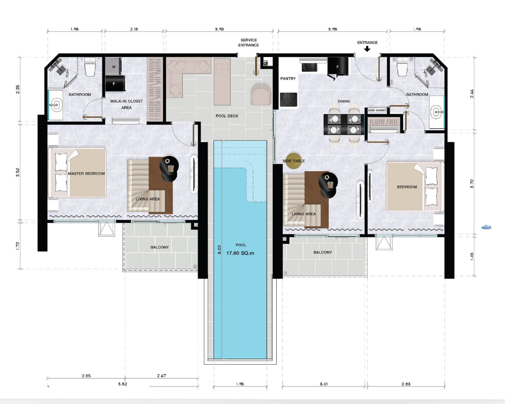 Floor plan of a 110.2 sq.m two-bedroom private pool sky villa at Copacabana Coral Reef