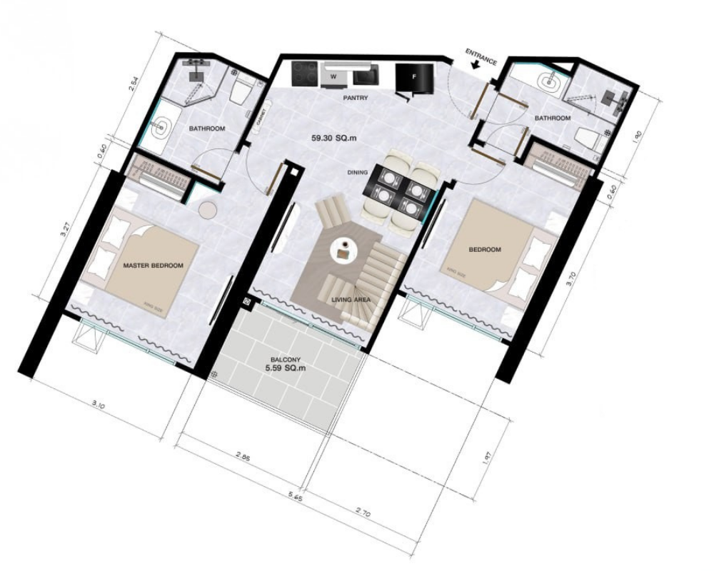 Floor plan of a 64.9 sq.m two-bedroom residence at Copacabana Coral Reef
