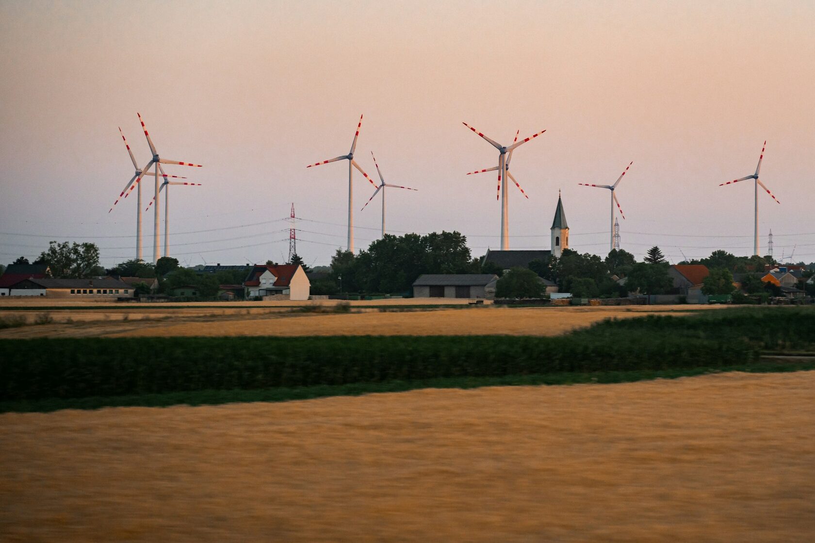 Wind turbines at sunset