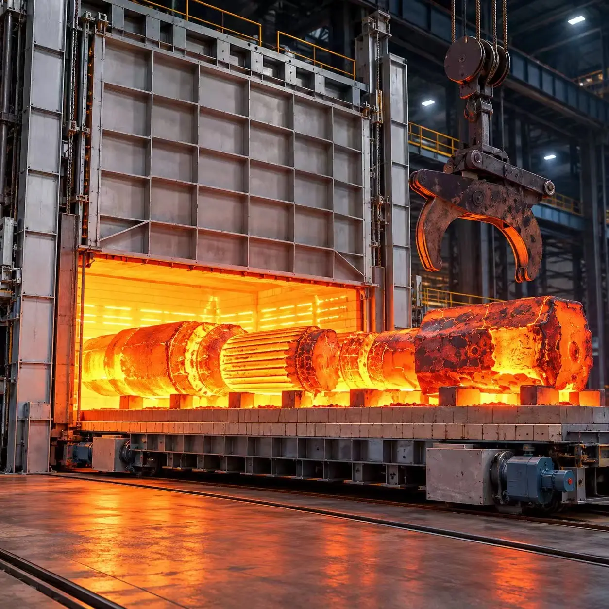 Large steel component during industrial heat treatment