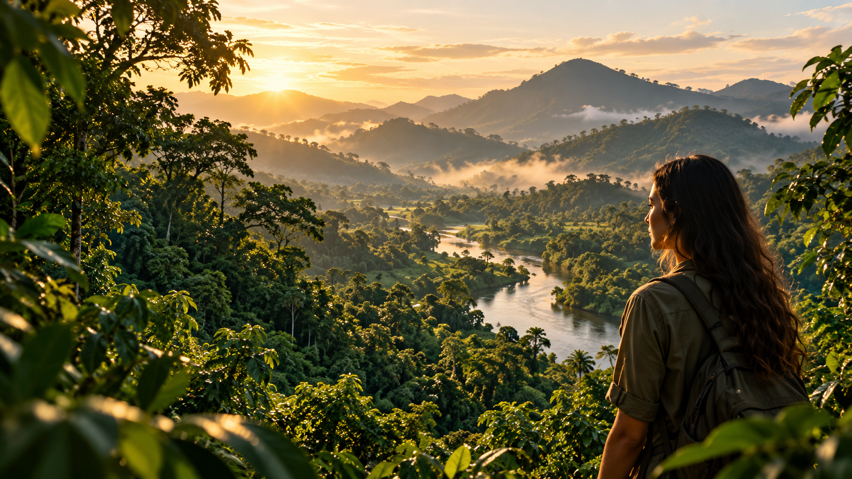 A traveller overlooking a misty jungle valley and river at sunrise