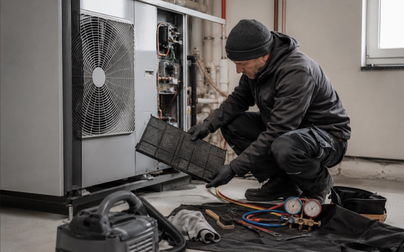 HVAC technician repairing an air conditioning unit