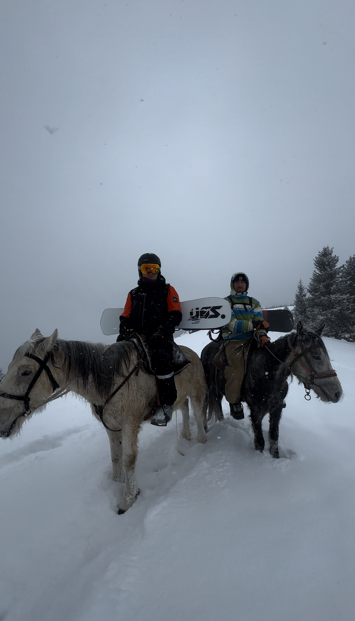 Riders on horseback carrying snowboards through deep snow in a winter forest