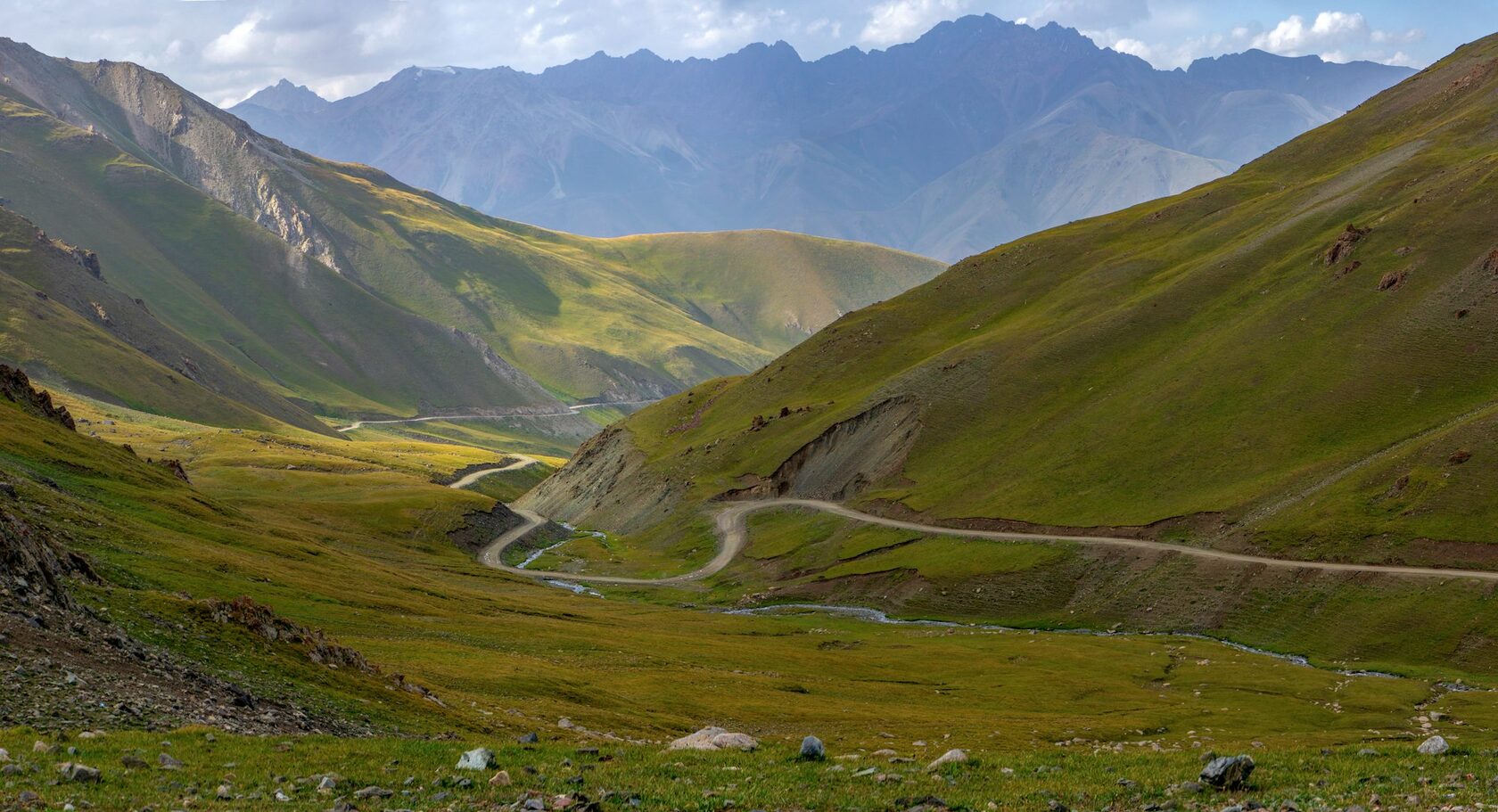 Scenic highland road and open steppe landscape near Kochkor