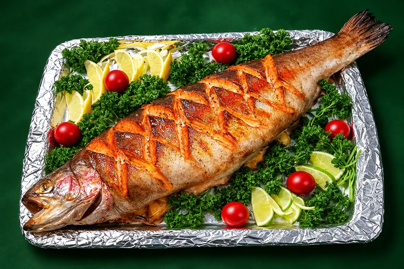 Форель радужная целиком, запечённая с лимоном, лаймом и петрушкой