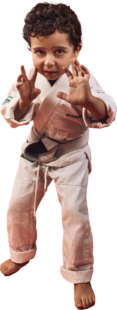 Child in a martial arts stance with hands raised