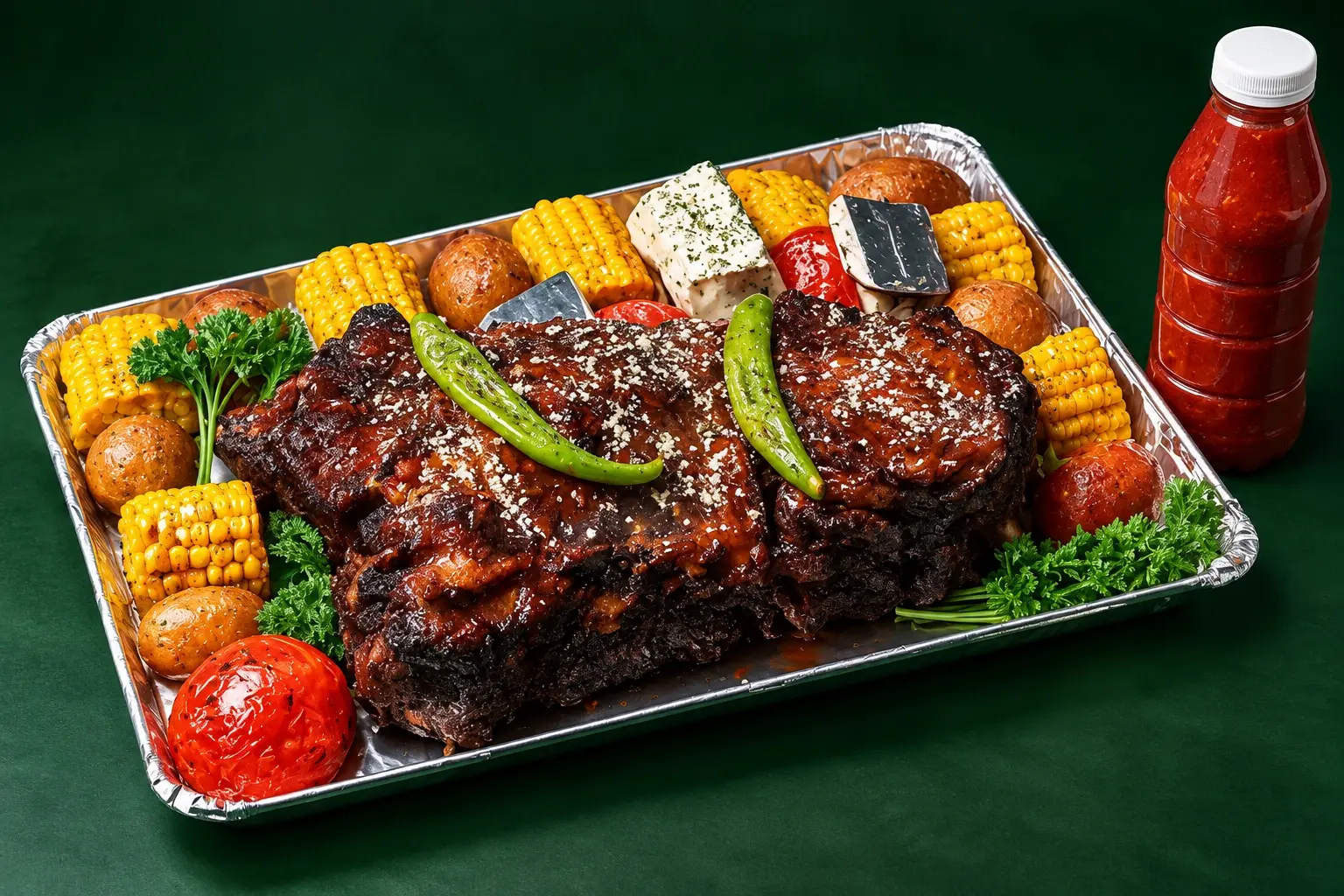 Говяжьи рёбра в густом соусе, запечённые с кукурузой, картофелем и томатами
