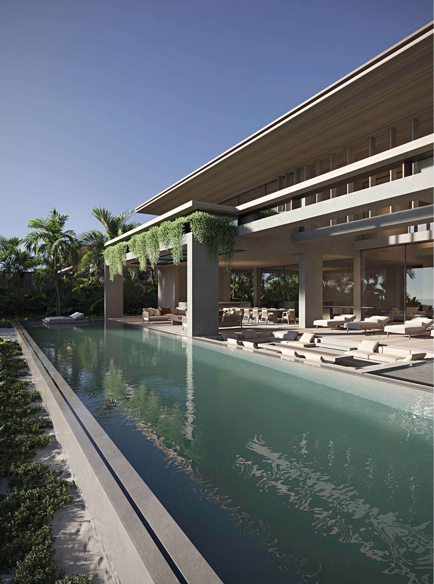 Contemporary private villa pool and tropical architecture at Zamani Islands