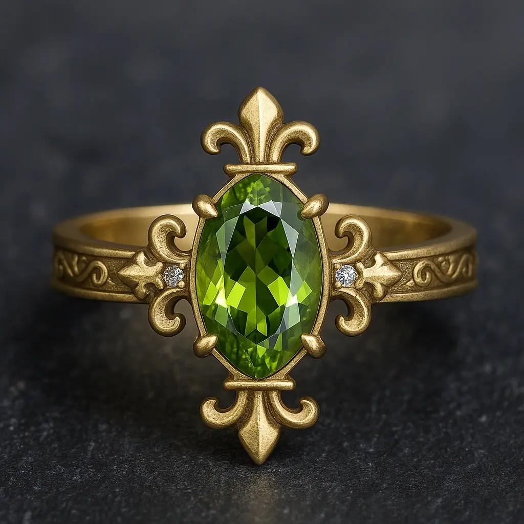 Класична каблучка з перидотом у золоті 585 проби, ювелірні прикраси HURTOVA