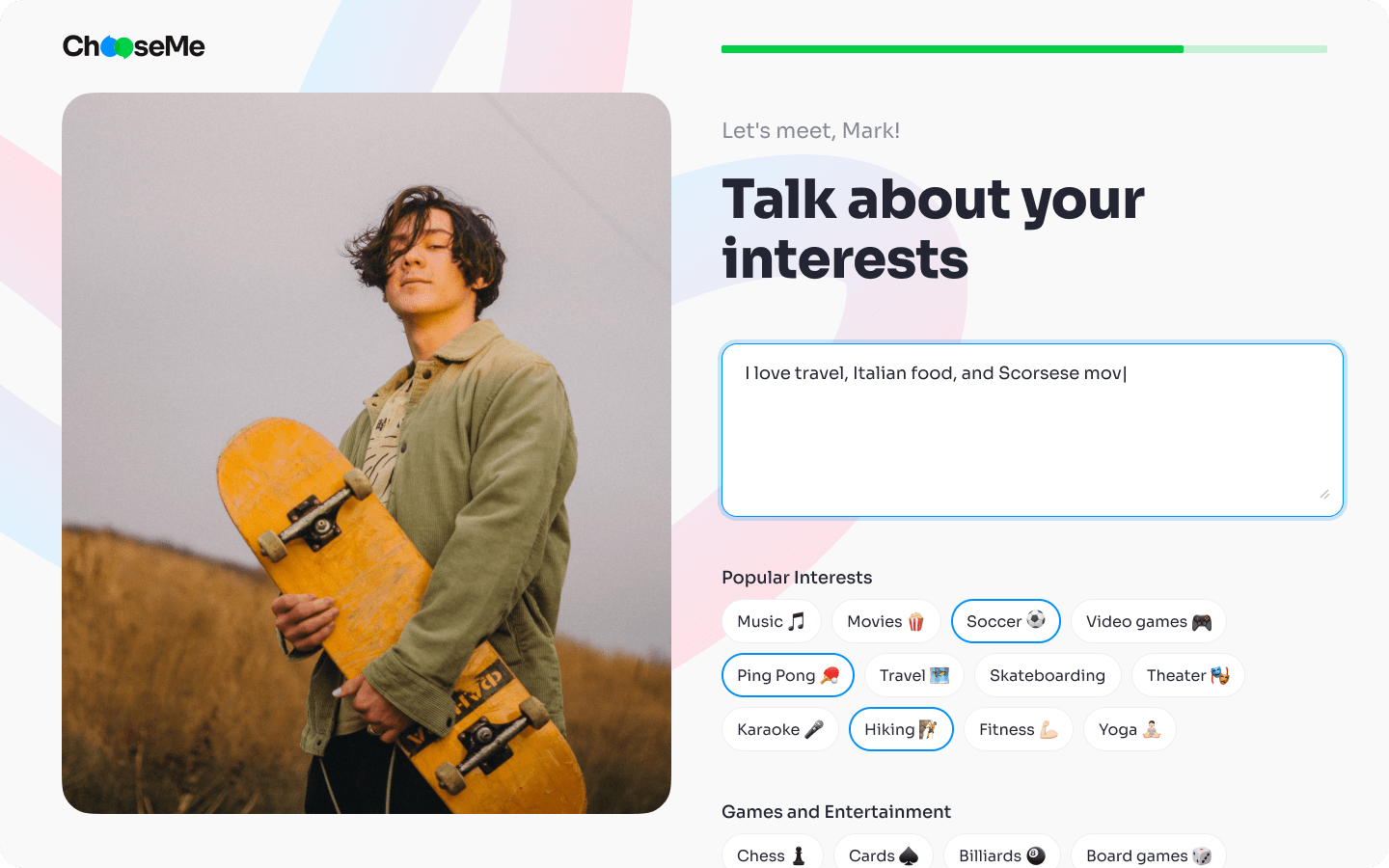 Sign up screen for ChooseMe where a skateboarder is inputting their interests