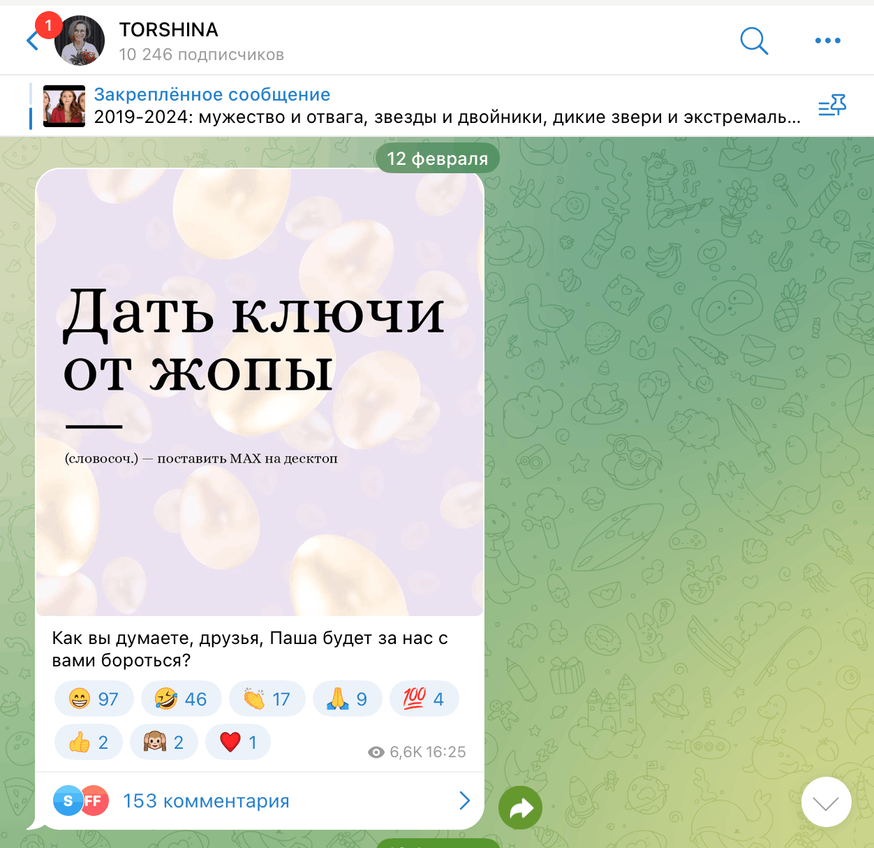 Пост в Telegram-канале TORSHINA с карточкой и реакциями, пример контента для оценки канала перед рекламой