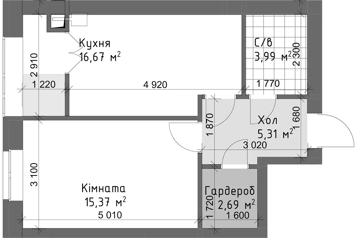 Планировка 1-комнатной квартиры в ЖК Чайка Люкс — вариант 2
