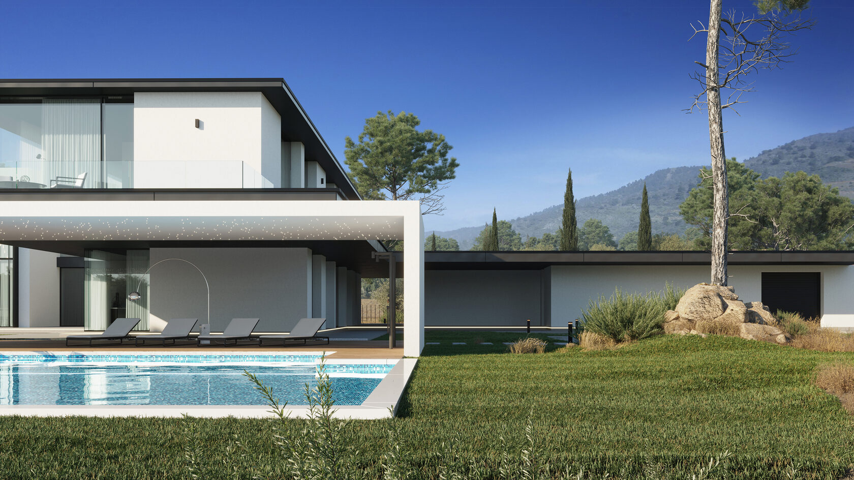 This villa is located on an elevated site in the suburbs of Limassol. The architecture of the house consists of several volumes unified under a single roof, including the main living block, a garage, staff quarters, and a pool area