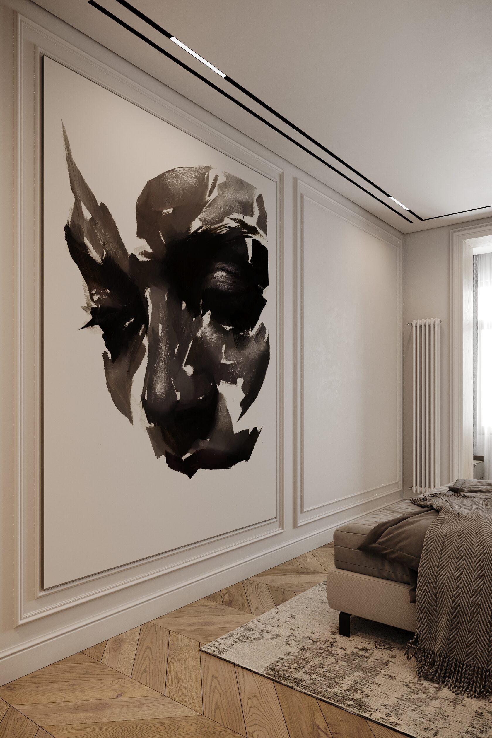 This spacious two-bedroom apartment is located on one of the top floors, offering panoramic views of Moscow