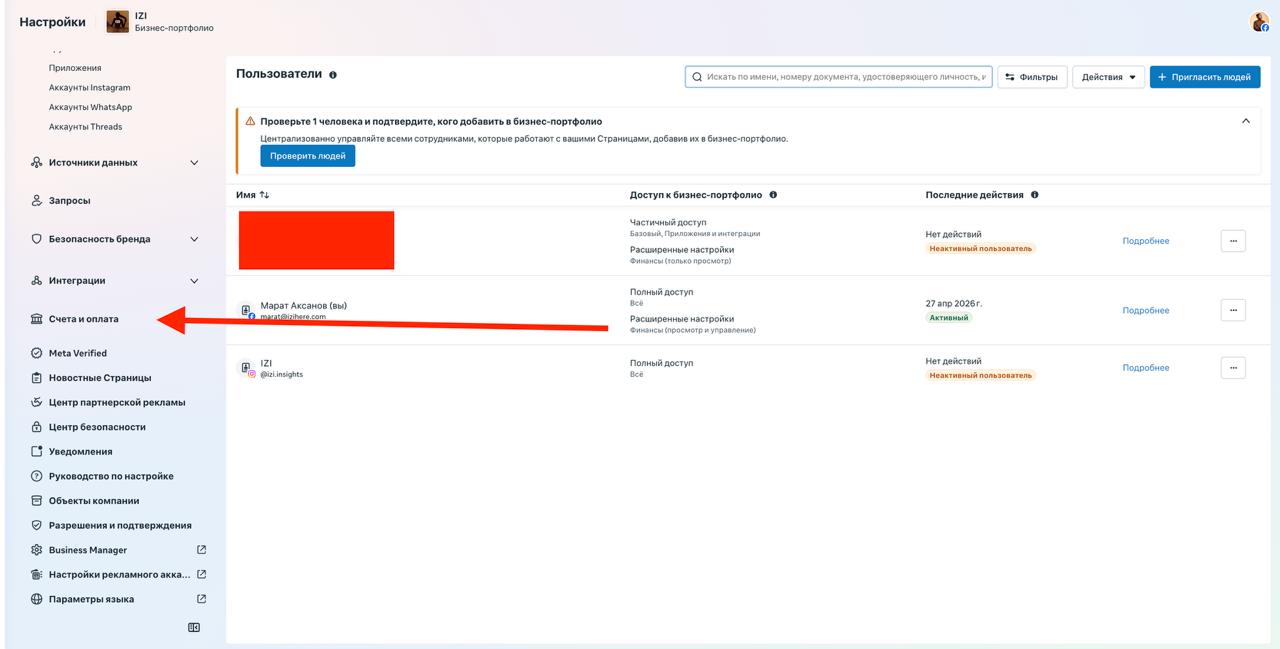 Раздел Пользователи в настройках бизнес-портфолио: таблица сотрудников с уровнями доступа Частичный доступ и Полный доступ. В левом меню красная стрелка указывает на пункт Счета и оплата