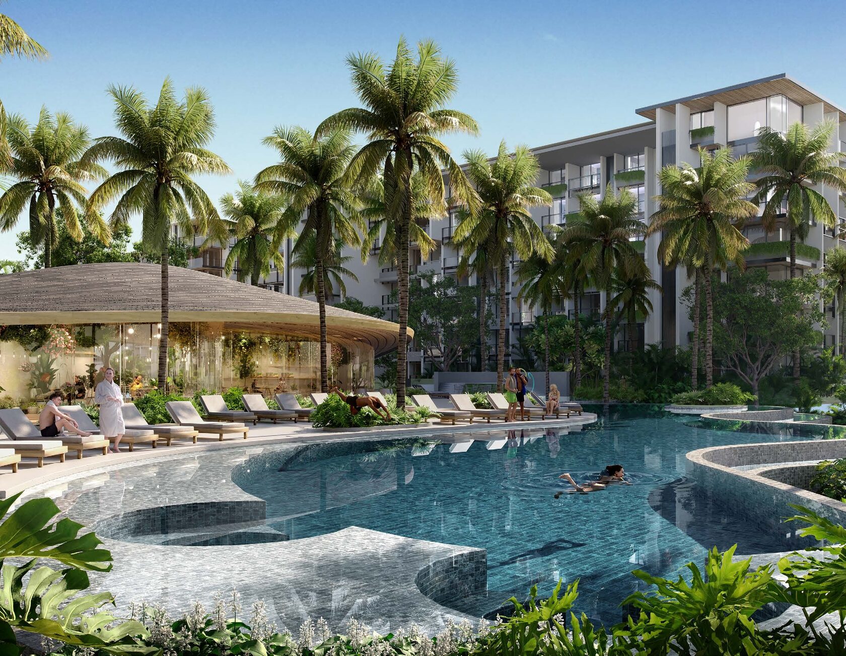 Panoramic view of Gardens of Eden — green grounds, pools, buildings