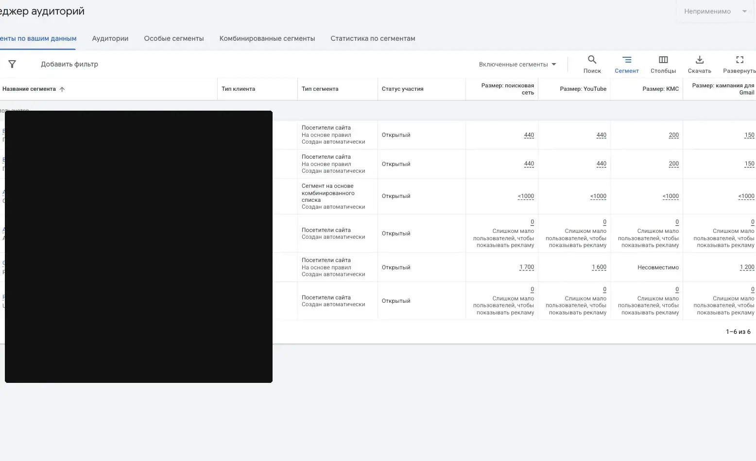 Раздел аудиторий в менеджере данных Google Ads со списком сегментов