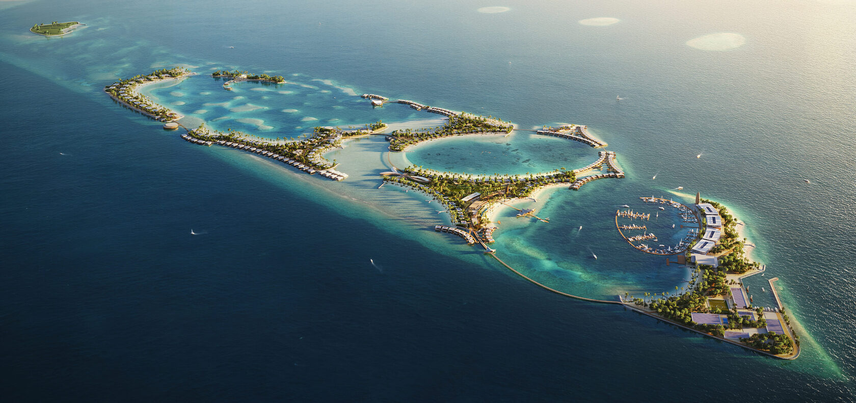 Aerial artist impression of the Zamani Islands master plan and super-yacht marina in the South Malé Atoll