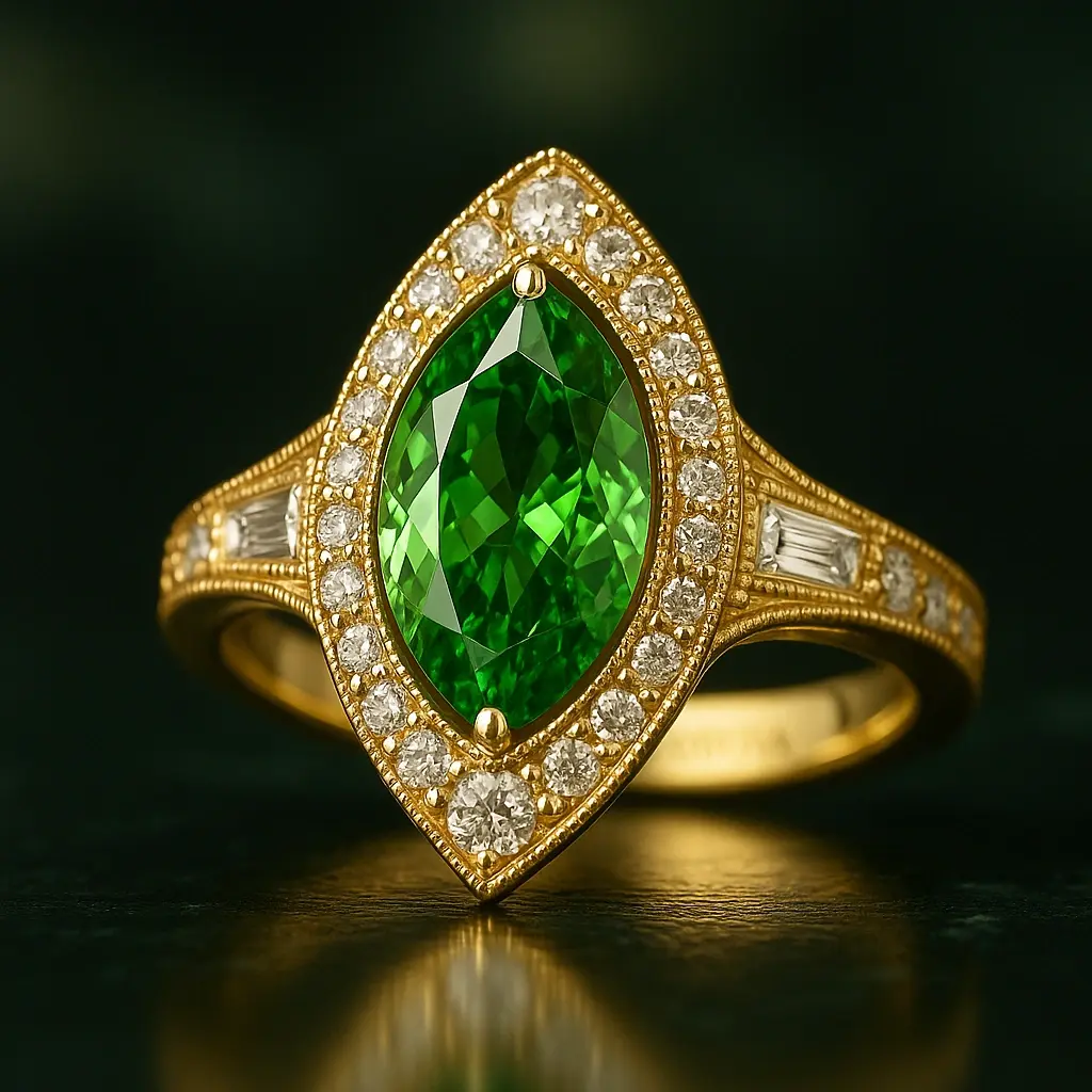Золота вінтажна каблучка 18 карат у вікторіанському стилі з великим маркіз-кат цаворитом світло-зеленого відтінку в центрі, оточеним дрібними круглими діамантами та бочними діамантами-багетами, преміальна прикраса HURTOVA