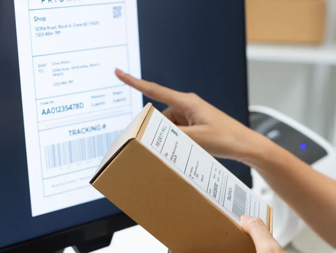 Worker processing shipment on computer