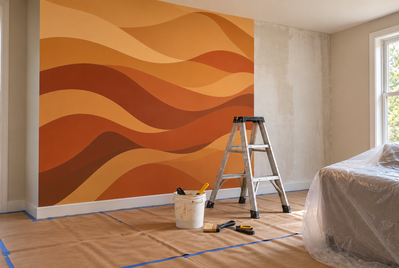 Living room before wallpaper installation — wall partially papered, ladder and tools