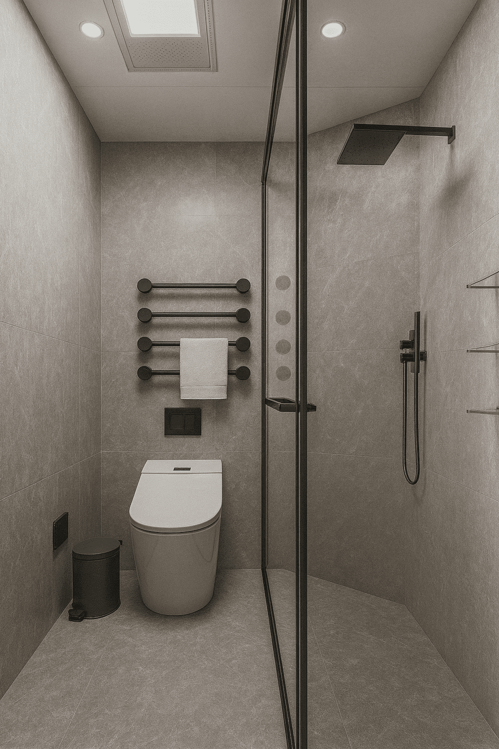 Stylish bathroom interior of a high-end modular home for cold Hokkaido climate