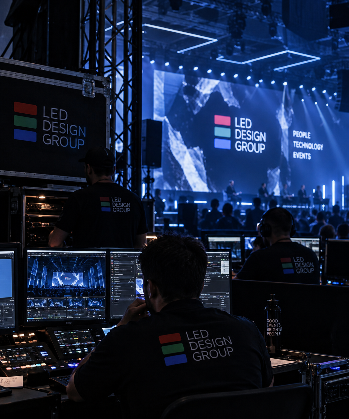 LED Design Group texnik direksiyasi mutaxassisi tadbir davomida boshqaruv pulti oldida
