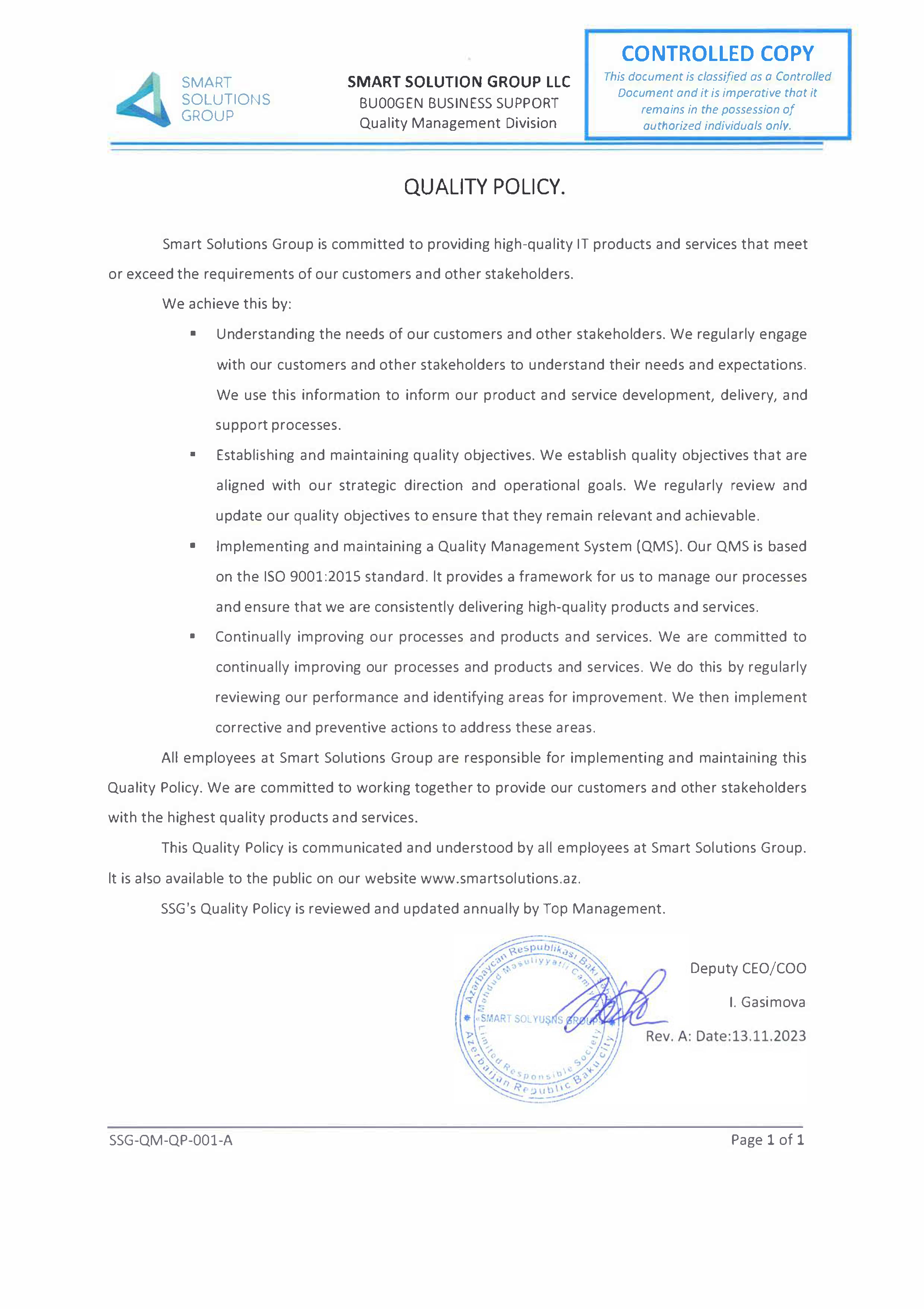 Quality Policy | SSG