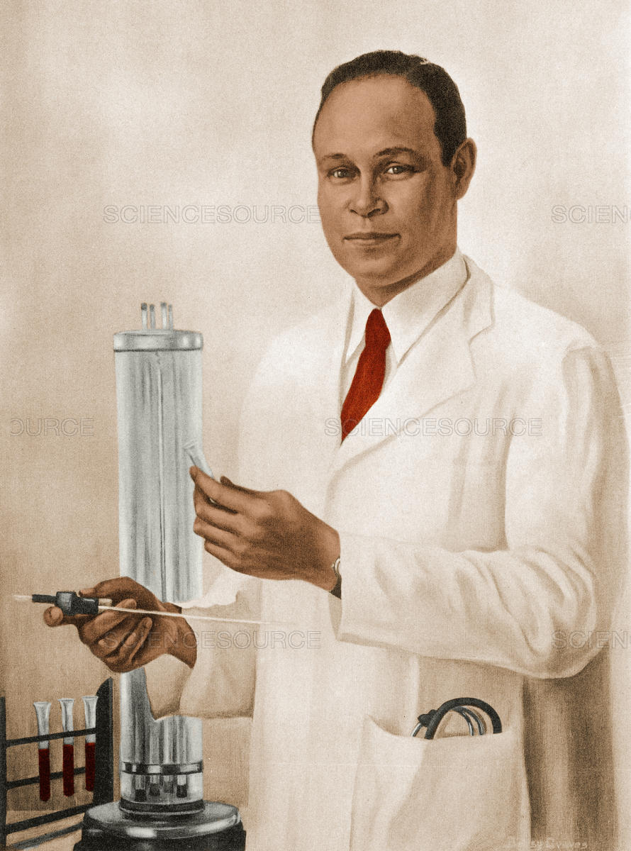 Colorized portrait of Dr. Charles Drew wearing a white lab coat and red tie, holding laboratory equipment. He stands beside a tall medical device and test tubes, symbolizing his groundbreaking work in blood transfusion and the development of blood banks. His calm, confident expression reflects his role as a pioneering African American physician and scientist.