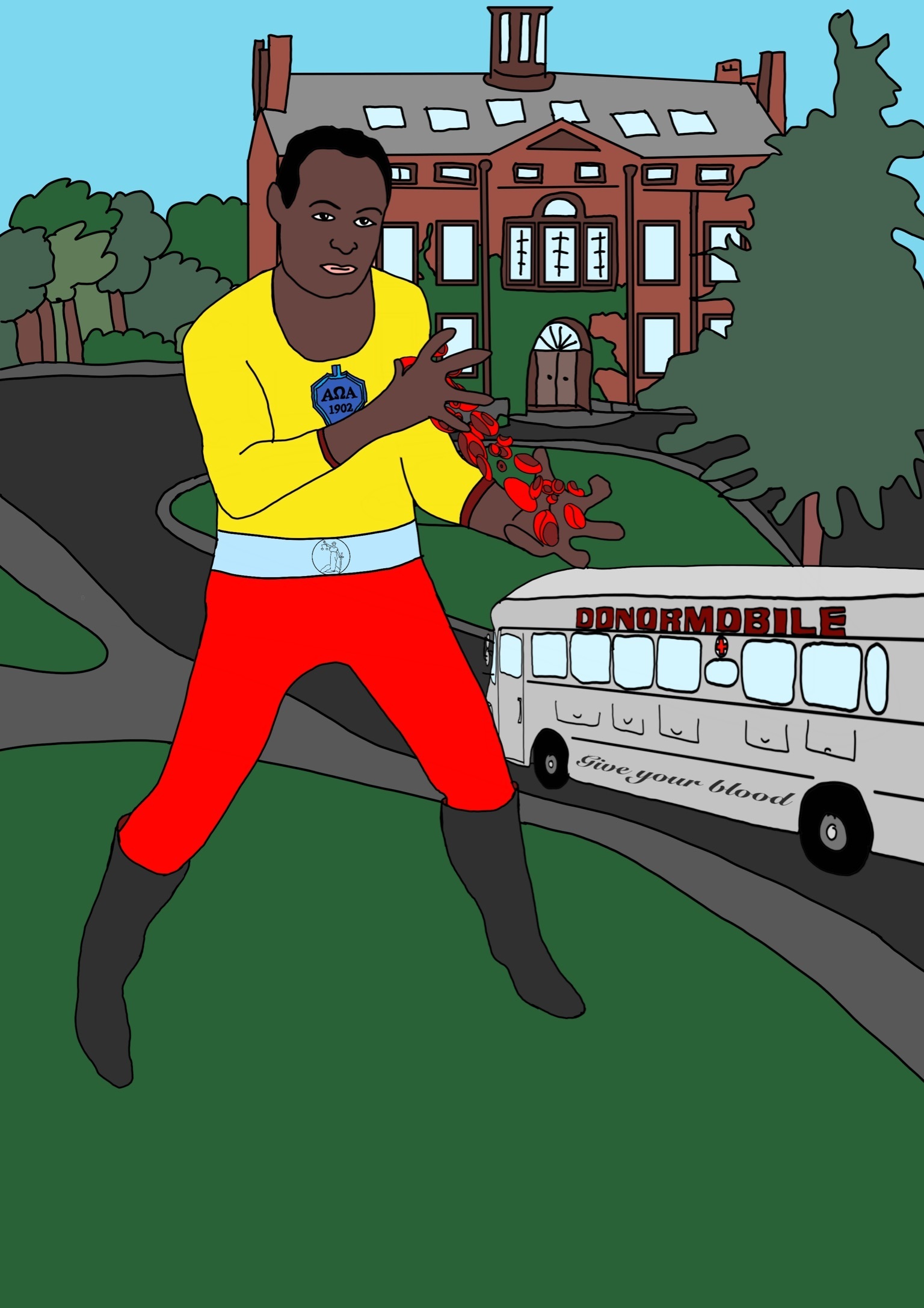 Cartoon-style illustration of Dr. Charles Drew as a superhero, wearing red pants, black boots, and a yellow top with a blue belt and a medallion reading "ΑΦΑ 1906." He is holding flowing red blood cells in his hand while standing in front of a university-style building. To the side is a white bus labeled “DONORMOBILE” with the phrase “Give your blood,” representing his pioneering work in blood storage and donation.