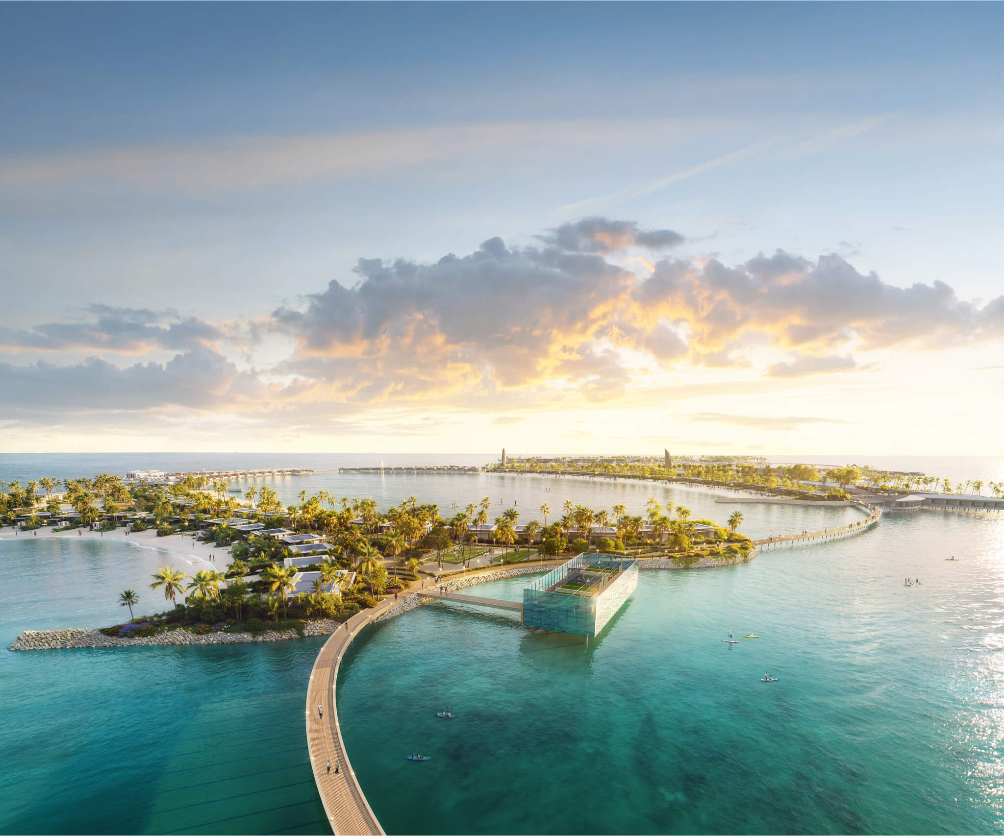 Aerial sunset view over the Zamani Islands lagoon, South Malé Atoll