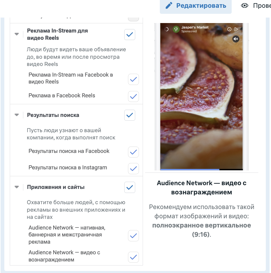 Размещения Meta Ads: реклама in-stream в Reels, результаты поиска, Audience Network