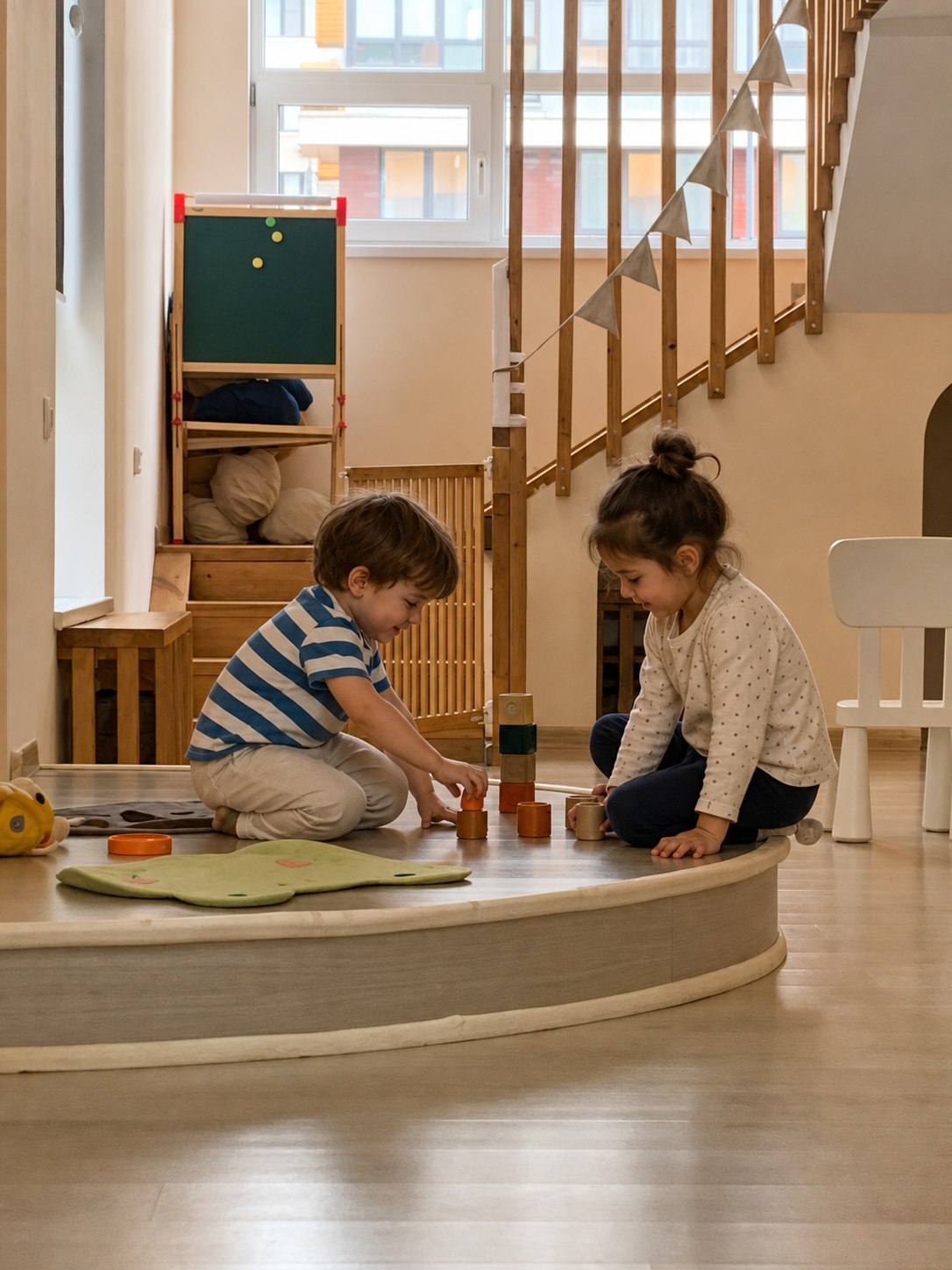 Вымышленные дети играют с деревянными кубиками в KIDDO