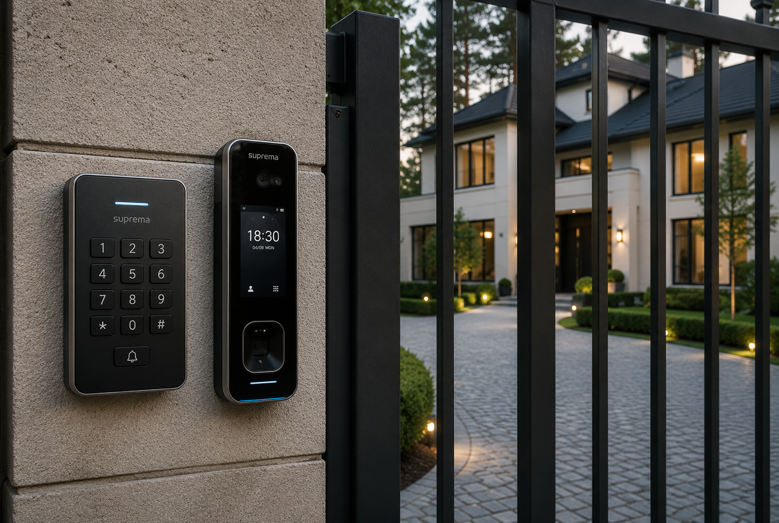 Residential property entrance with a modern access control reader