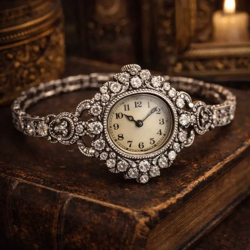 Вінтажний срібний наручний годинник з діамантами у класичному стилі