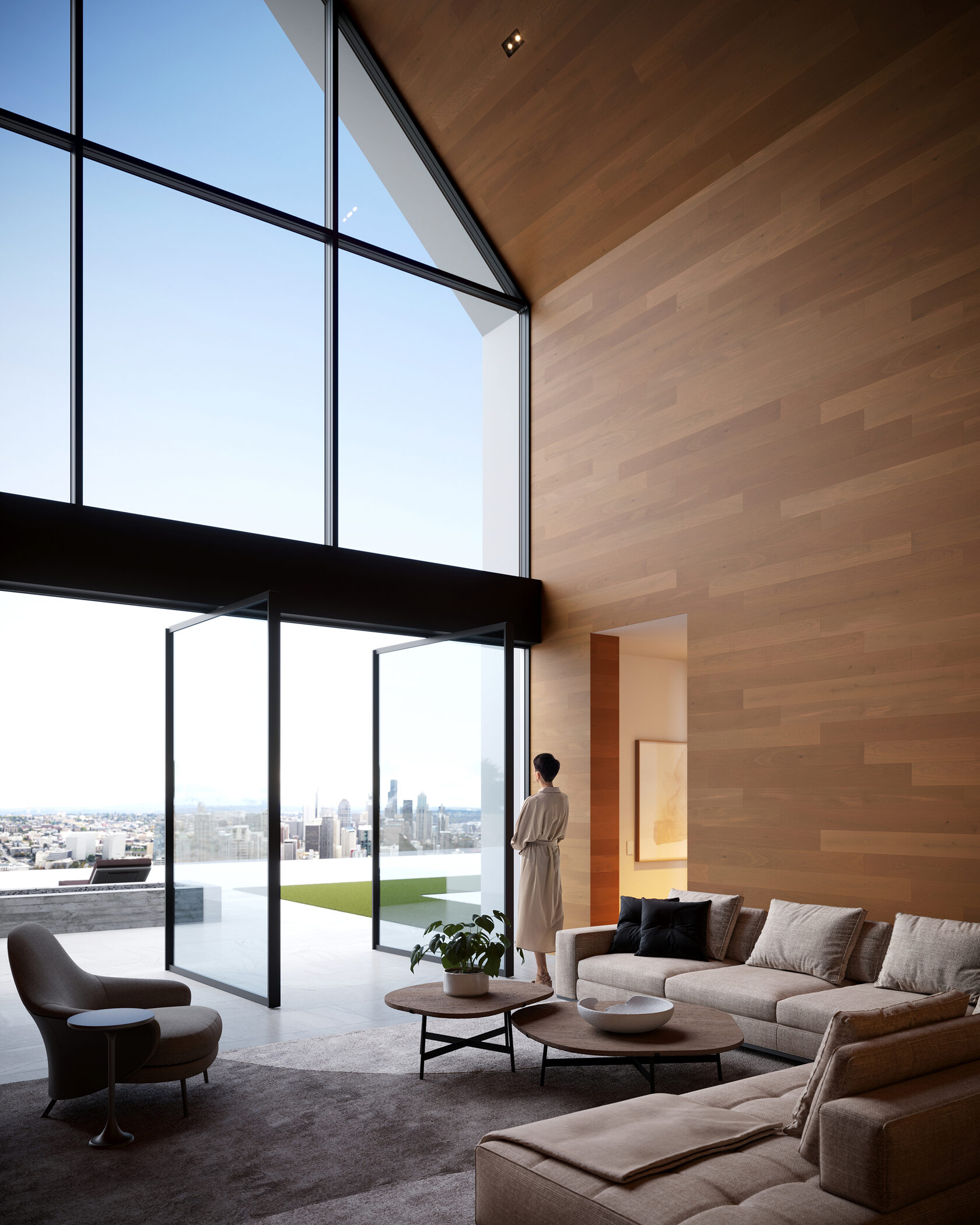 architectural visualization luxurious living room interior with modern furniture and city view in Los Angeles, California