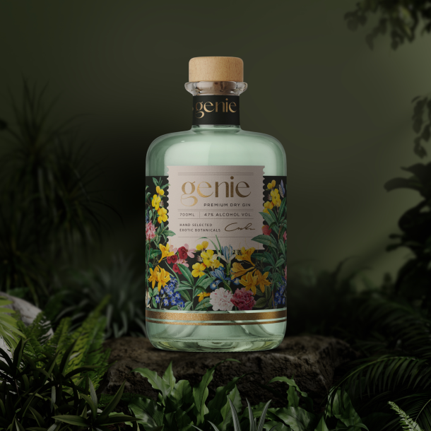 Genie-dry gin alcohol packaging designed by Yugen Branding