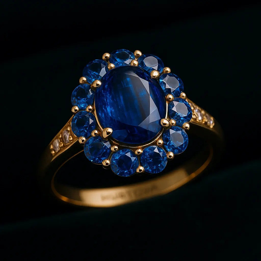 Золота каблучка з великим овальним кіанітом у центрі та ореолом із круглих синіх кіанітів, класичний вінтажний дизайн, глибокий синій колір каменів, преміальна ювелірна прикраса HURTOVA 