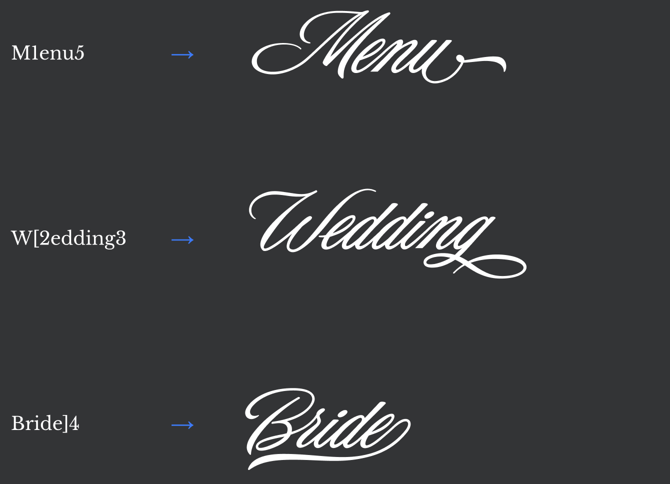 The Original script in use, help file, Menu logo, wedding sign, Bride text with swash, Blessed Print