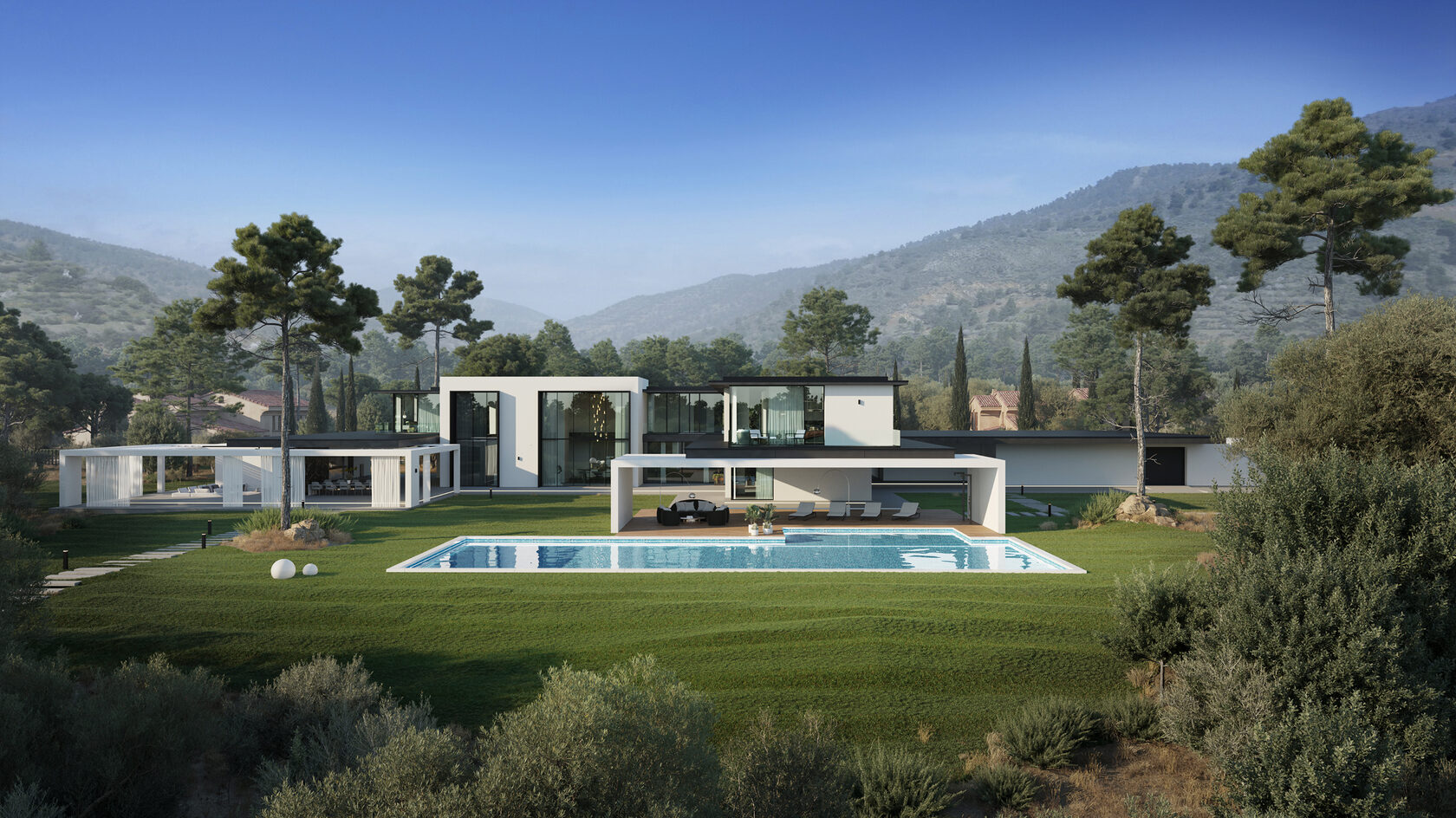 This villa is located on an elevated site in the suburbs of Limassol. The architecture of the house consists of several volumes unified under a single roof, including the main living block, a garage, staff quarters, and a pool area