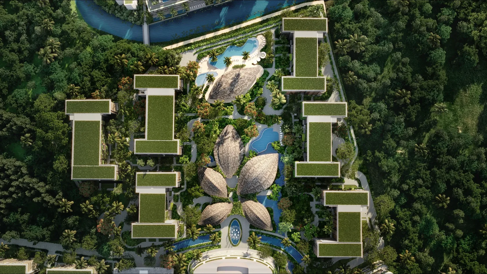 Park Residences — view of the pool and green resort grounds