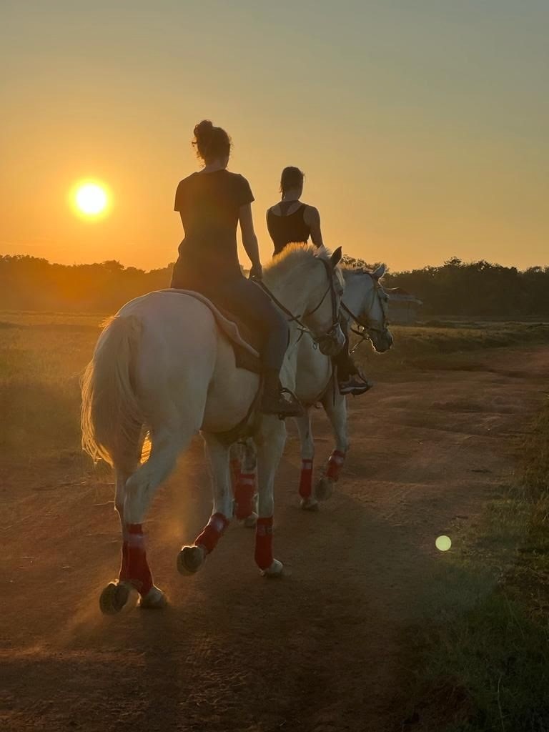 Guests riding white horses at sunset during a bespoke riding holiday at Vonfidel Ranch in Sri Lanka's Eastern Province.