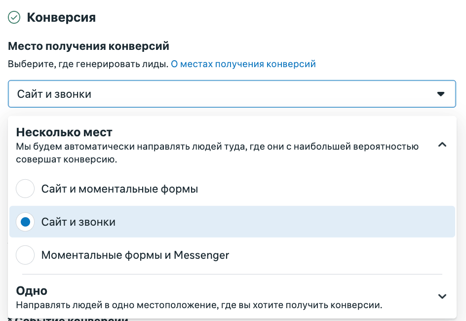 Выбор места получения конверсий для цели Лиды