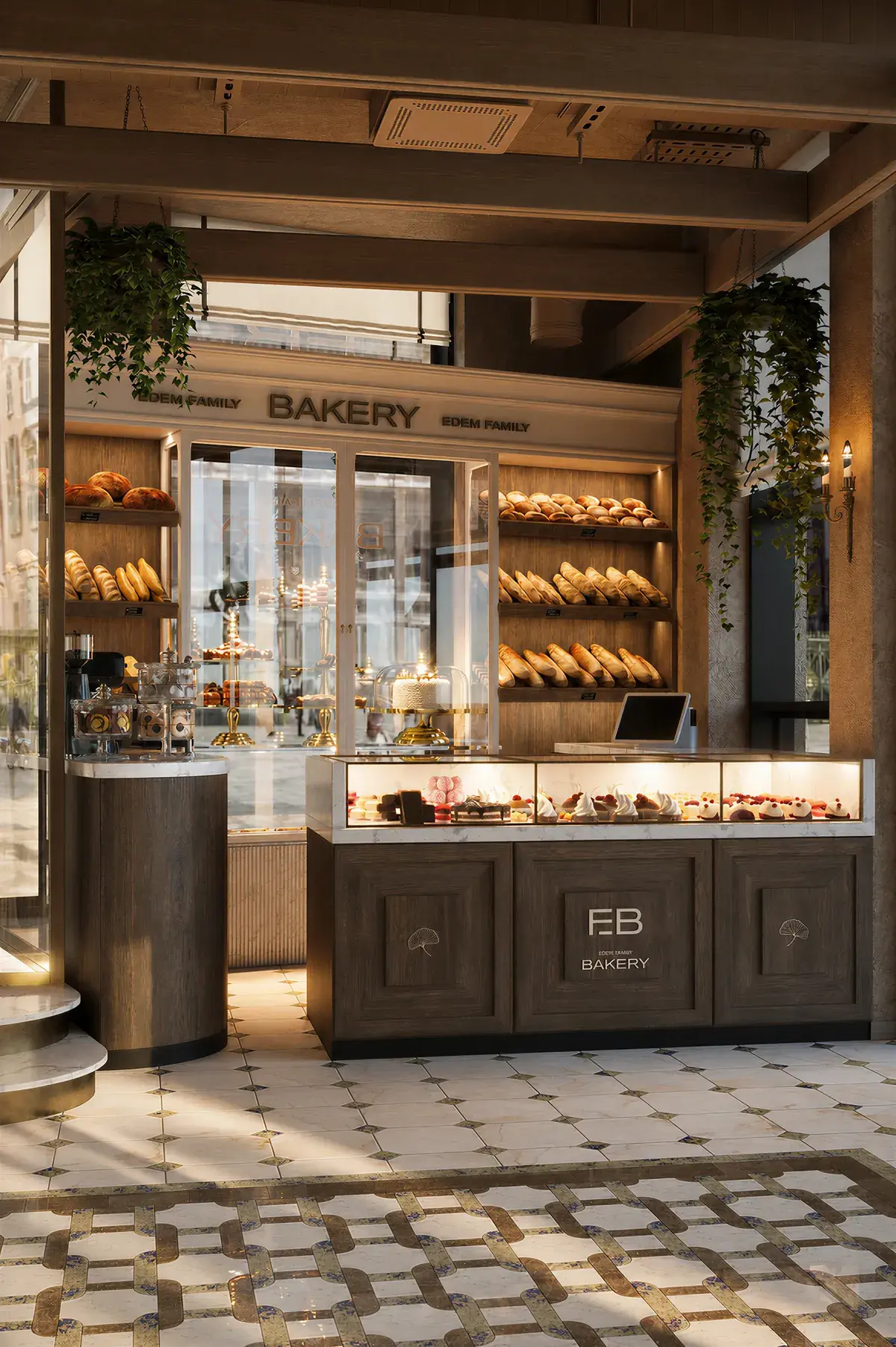 Кондитерська Edem Family Bakery у MIY: вітрина з випічкою та розписна стеля
