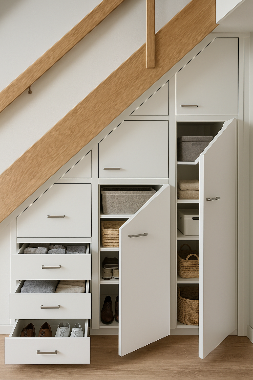 Custom smart storage solution under a staircase